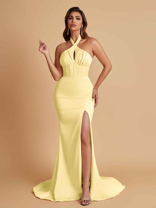 Elegant Soft Satin Mermaid Halter Side Slit Floor-Length Bridesmaid Dresses Online
