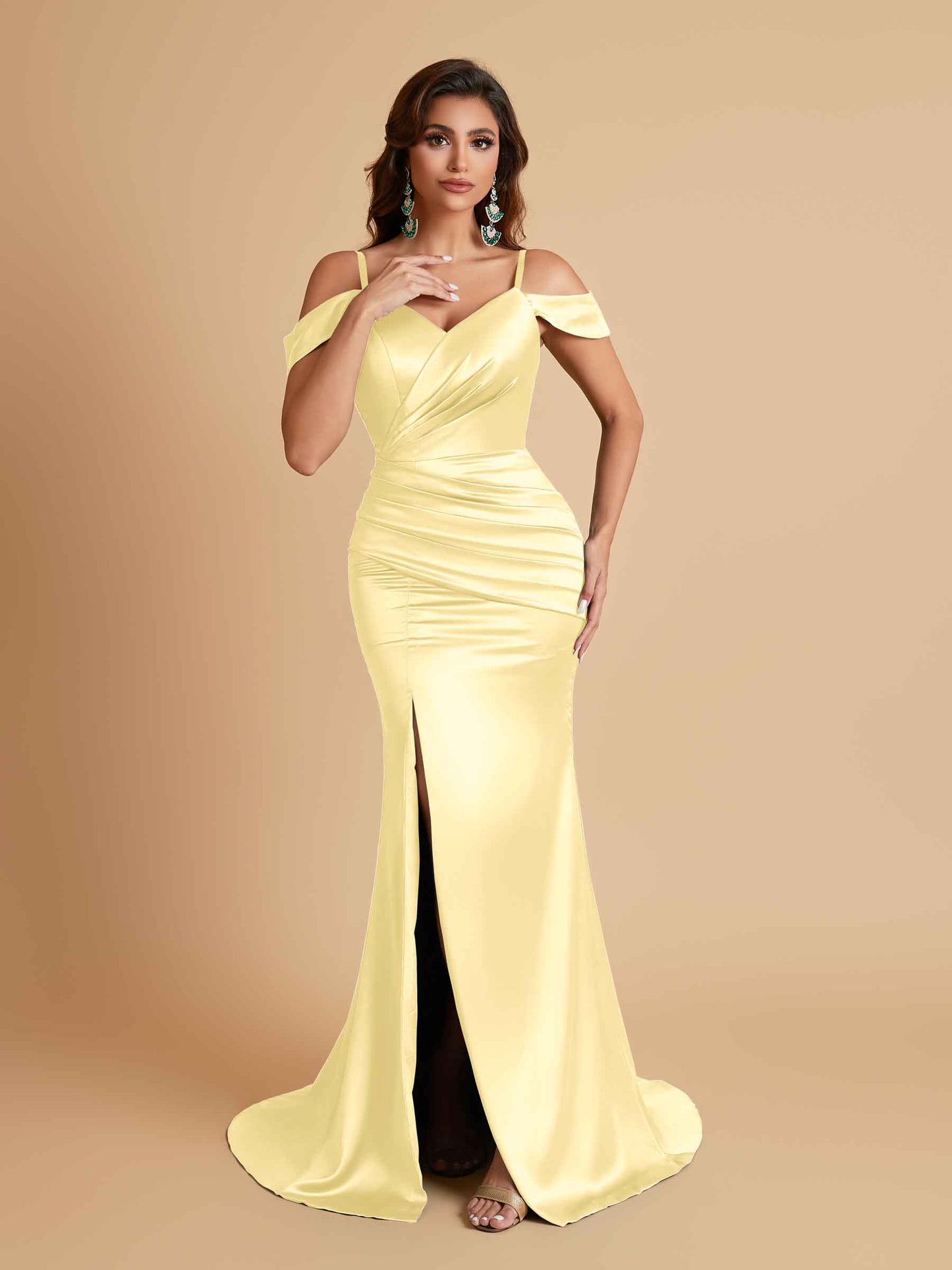 Sexy Soft Satin Mermaid Off Shoulder Side Slit Floor-Length Mermaid Bridesmaid Dresses