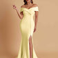 Elegant Soft Satin Mermaid Off Shoulder Side Slit Floor-Length Bridesmaid Dresses