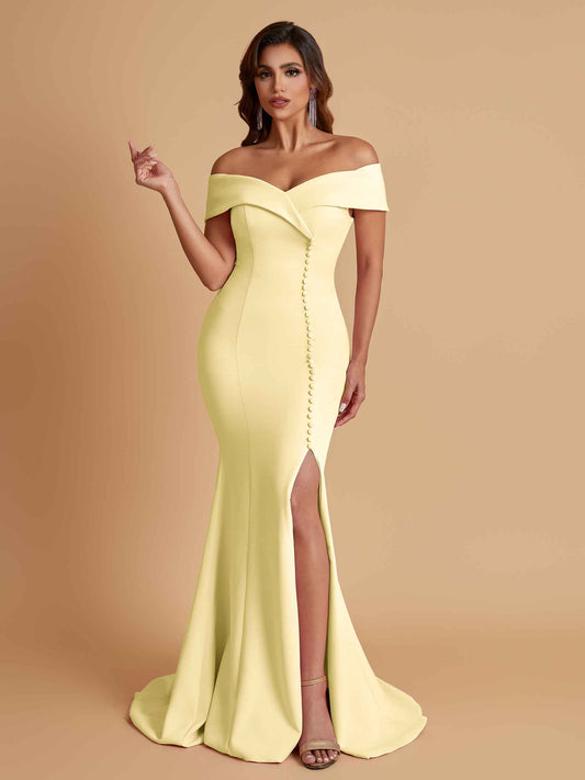 Elegant Soft Satin Mermaid Off Shoulder Side Slit Floor-Length Bridesmaid Dresses