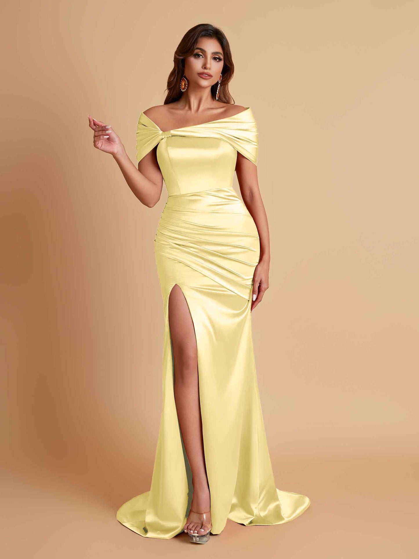Elegant Soft Satin Off-the-shoulder Side-Slit Mermaid Bridesmaid Dresses