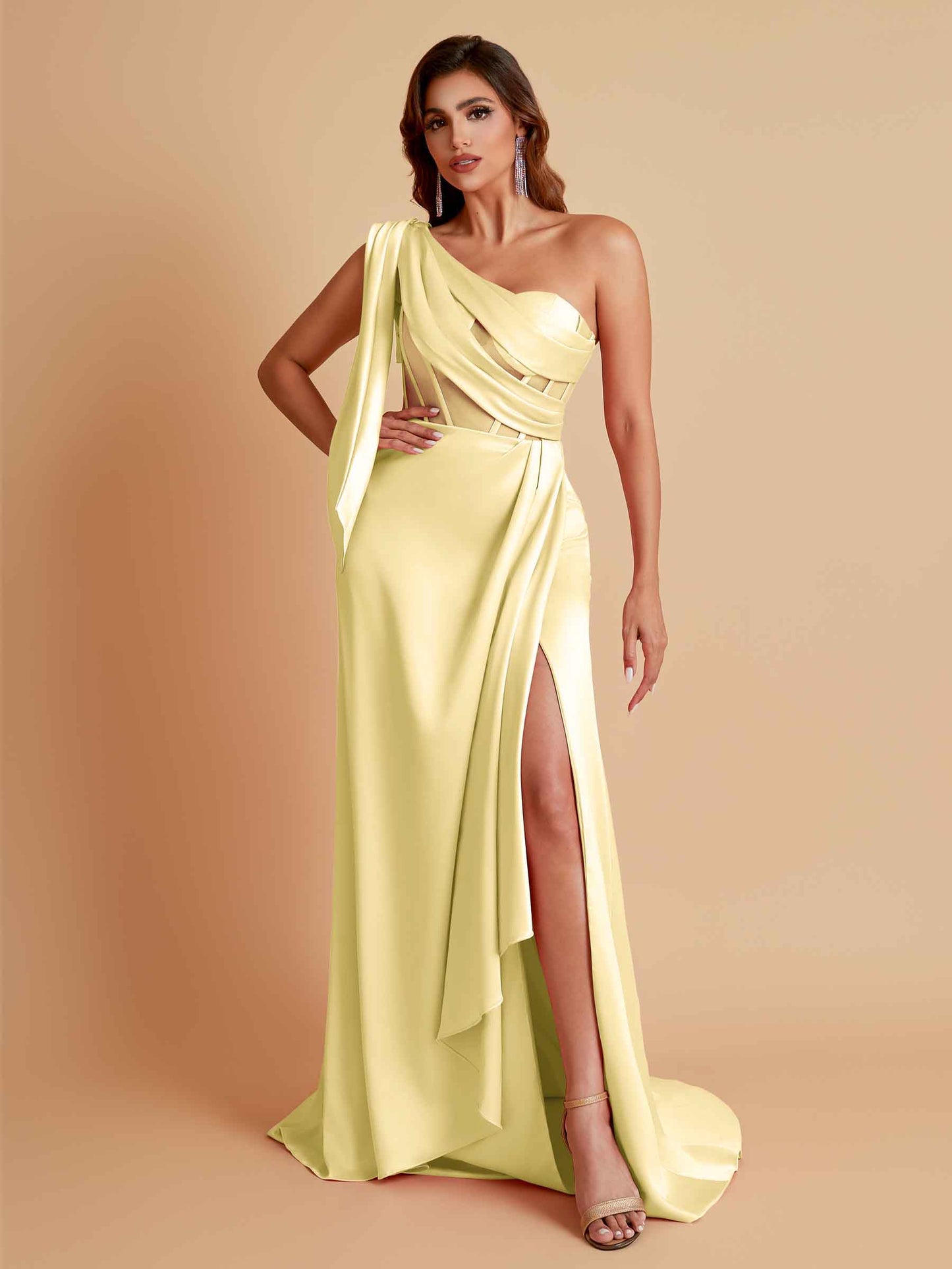 Sexy Soft Satin Mermaid One Shoulder Asymmetrical Side Slit Floor-Length Bridesmaid Dresses