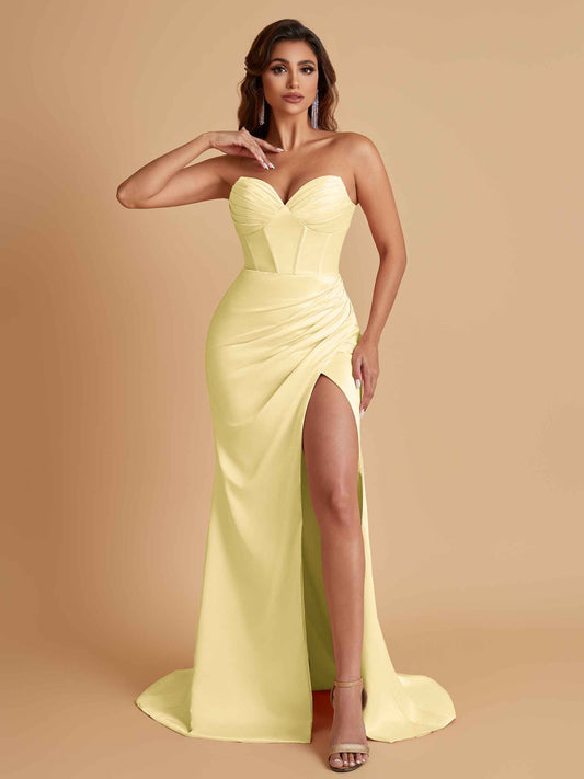 Elegant Soft Satin Mermaid V-neck Side Slit Floor-Length Bridesmaid Dresses Online