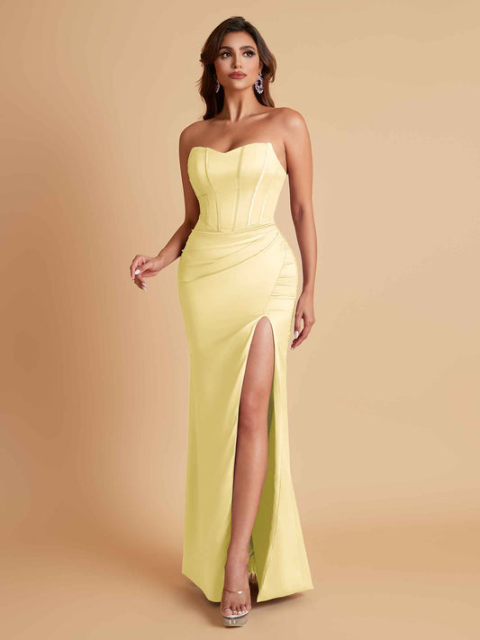 Sexy Strapless Soft Satin Side Slit Floor-Length Mermaid Bridesmaid Dresses