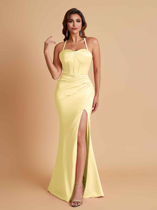 Sexy Soft Satin Mermaid Spaghetti Straps Side Slit Floor-Length Bridesmaid Dresses