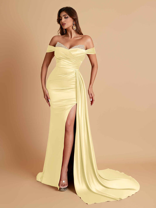 Gorgeous Soft Satin V-neck Off-the-Shoulder Side-Slit Mermaid Bridesmaid Dresses