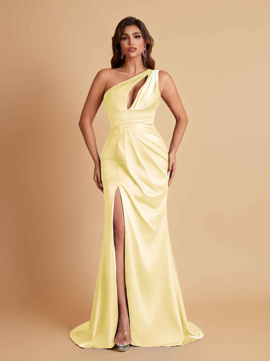 Sexy One Shoulder Soft Satin Side Slit Floor-Length Mermaid Bridesmaid Dresses