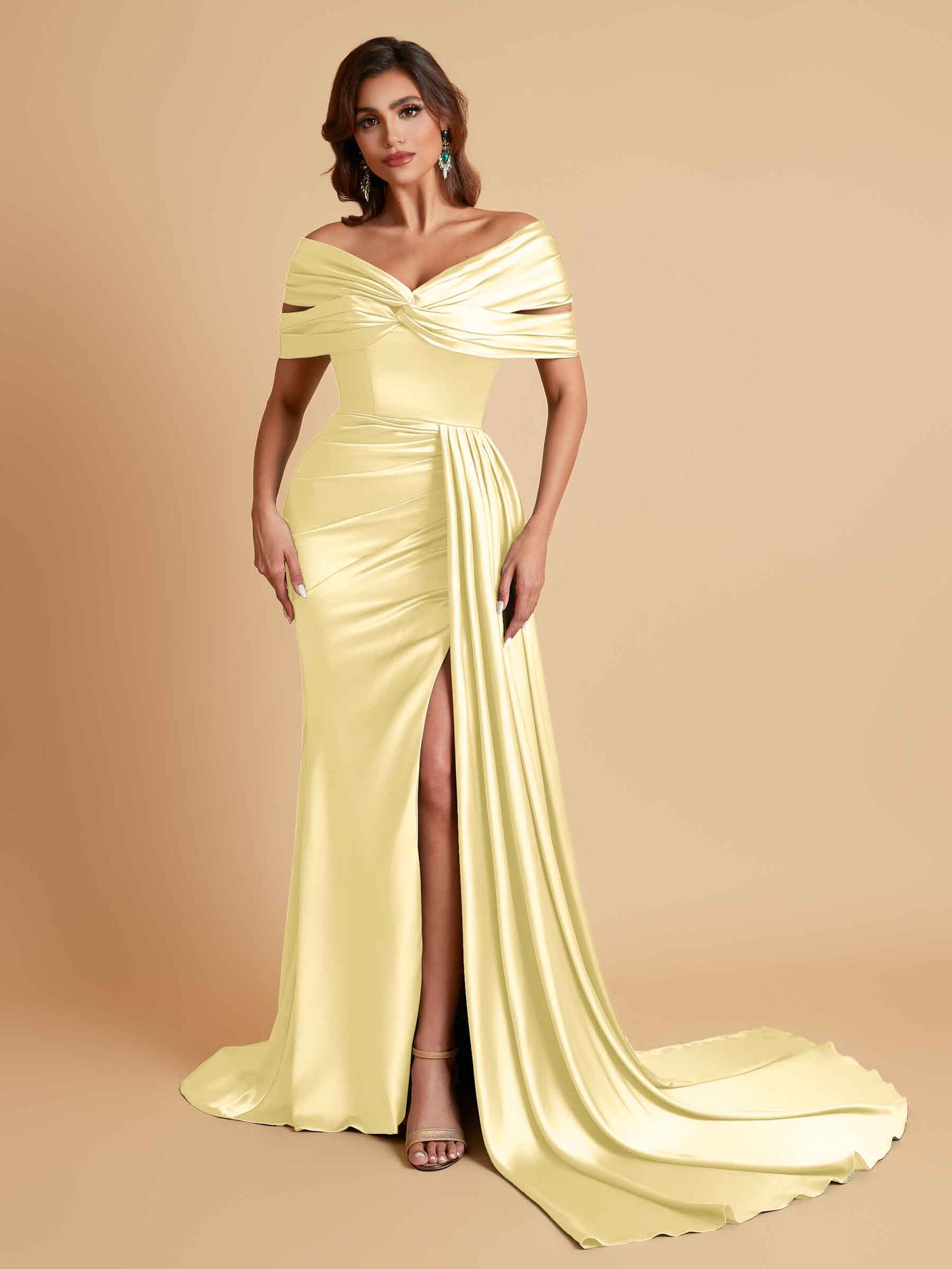 Elegant Soft Satin V-neck Off-the-Shoulder Side-Slit Mermaid Bridesmaid Dresses