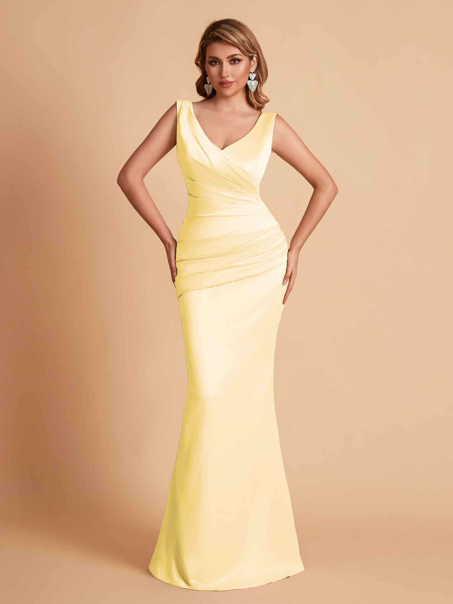 Elegant Satin V-neck Sleeveless Mermaid Floor Length Bridesmaid Dresses