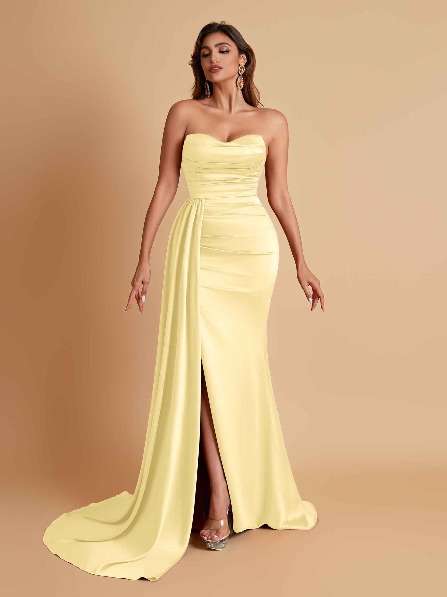 Elegant Soft Satin Sweetheart Strapless Side-Slit Mermaid Bridesmaid Dresses