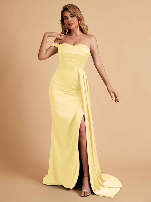 Sexy One-Shoulder Sweetheart With Train With High Split Floor-Length Bridesmaid Dresses