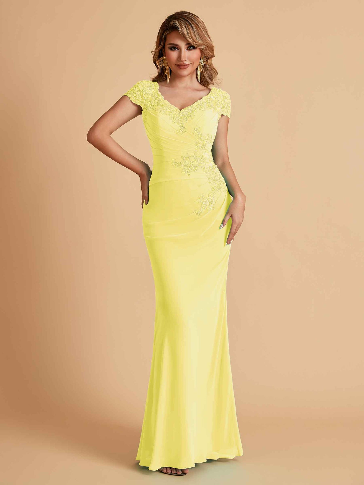 Elegant Mermaid Chiffon Cap Sleeves V-Neck Mother of the Brides Dresses Online