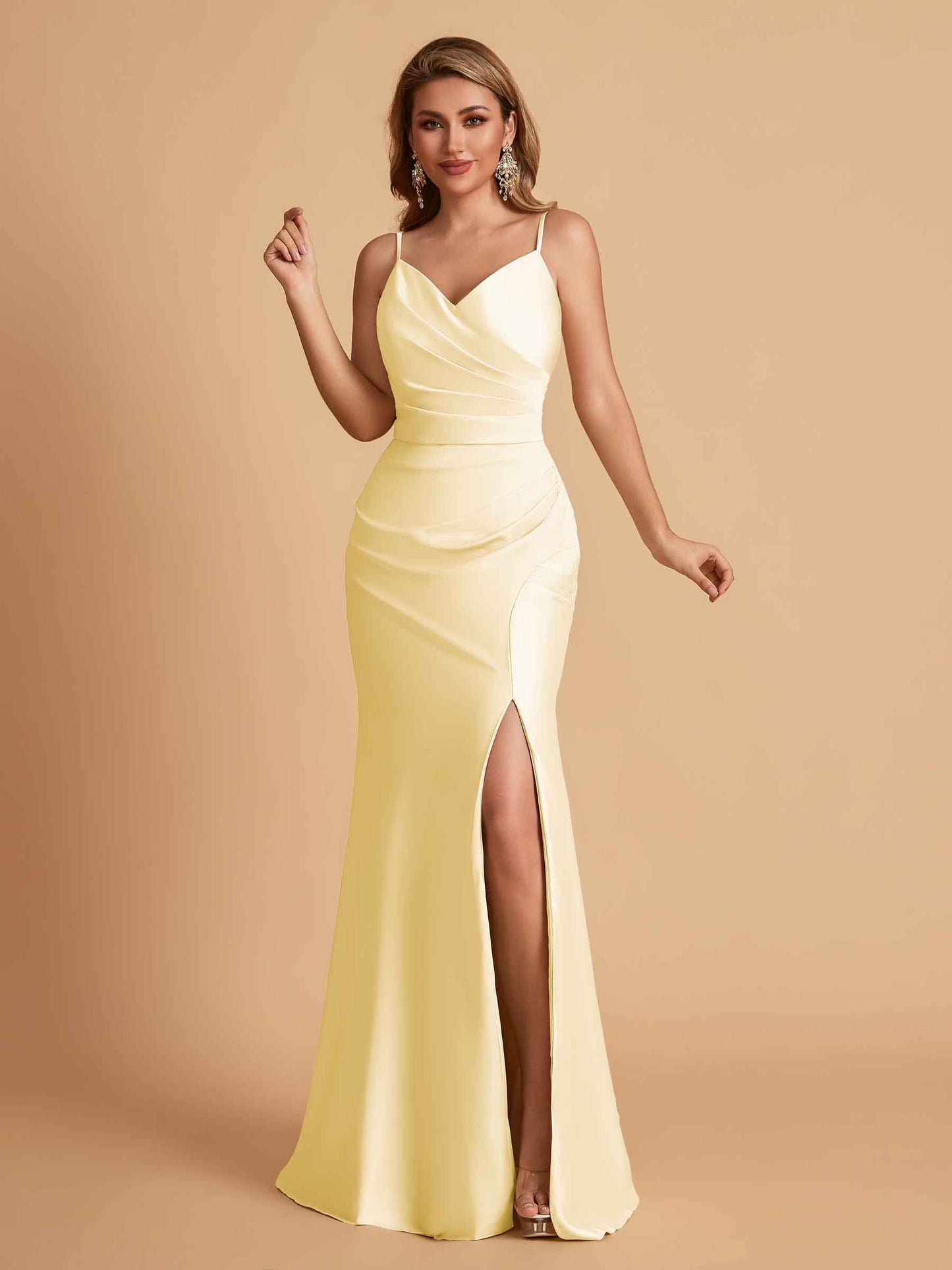 Elegant Satin Spaghetti Straps Mermaid Side Slit Floor Length Bridesmaid Dresses