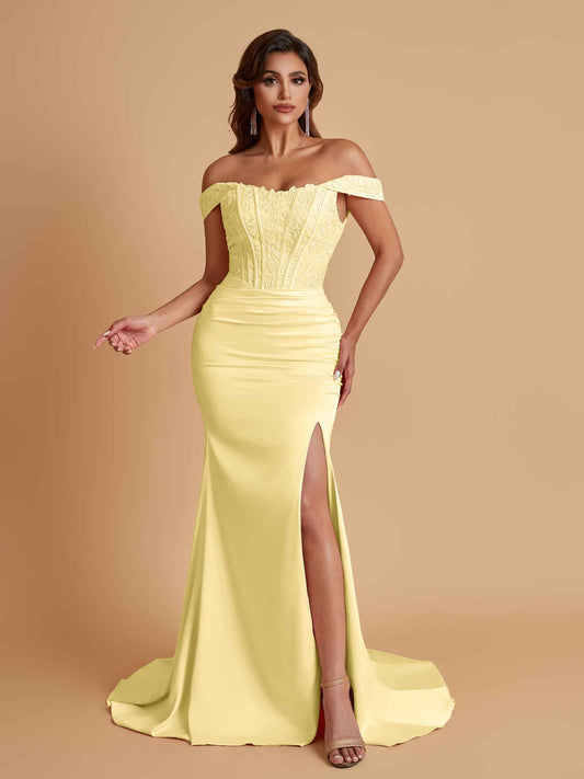 Elegant Soft Satin Mermaid Off Shoulder Side Slit Floor-Length Mermaid Bridesmaid Dresses