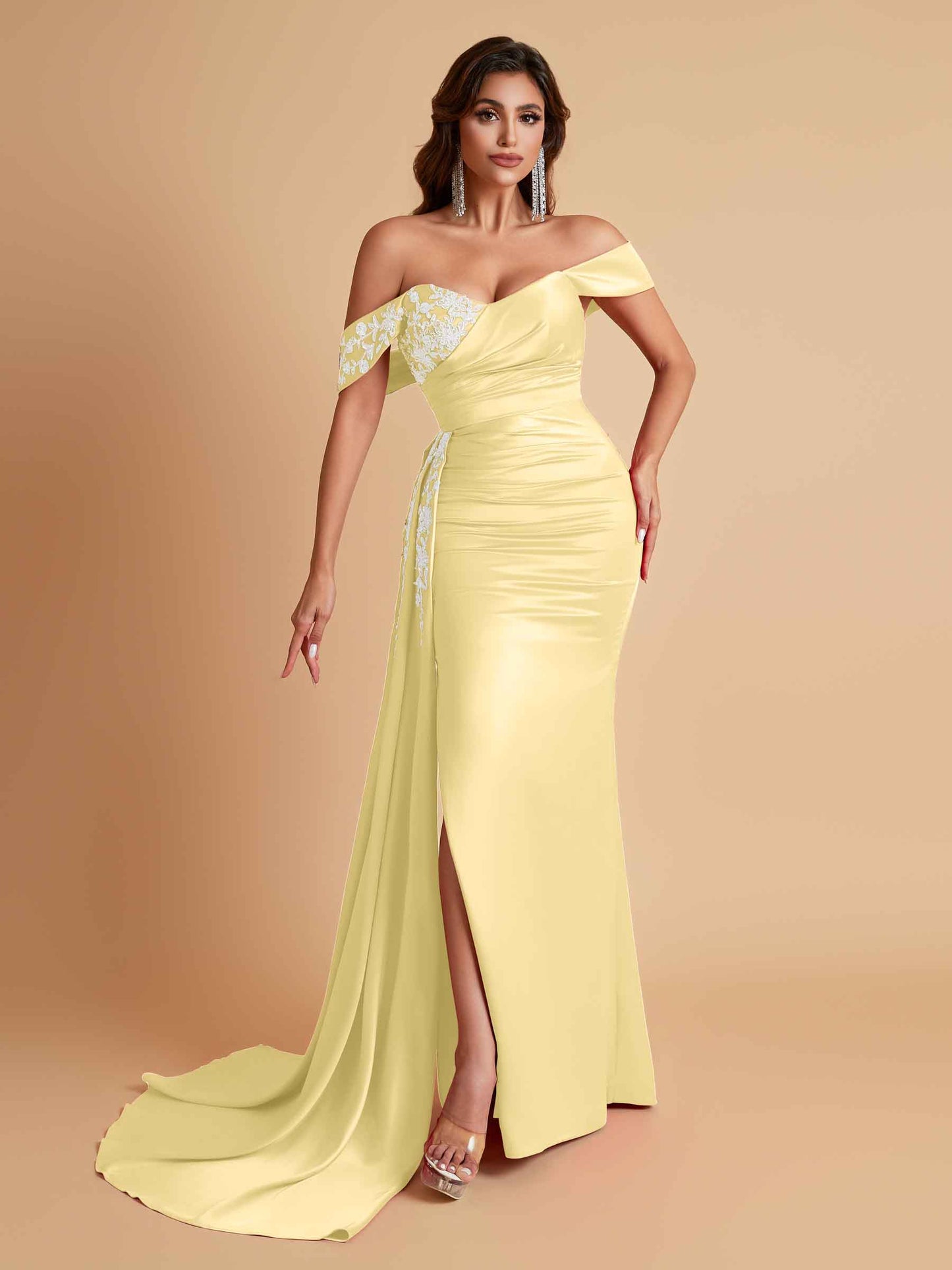 Elegant Soft Satin Mermaid Off Shoulder Floor-Length Mermaid Bridesmaid Dresses