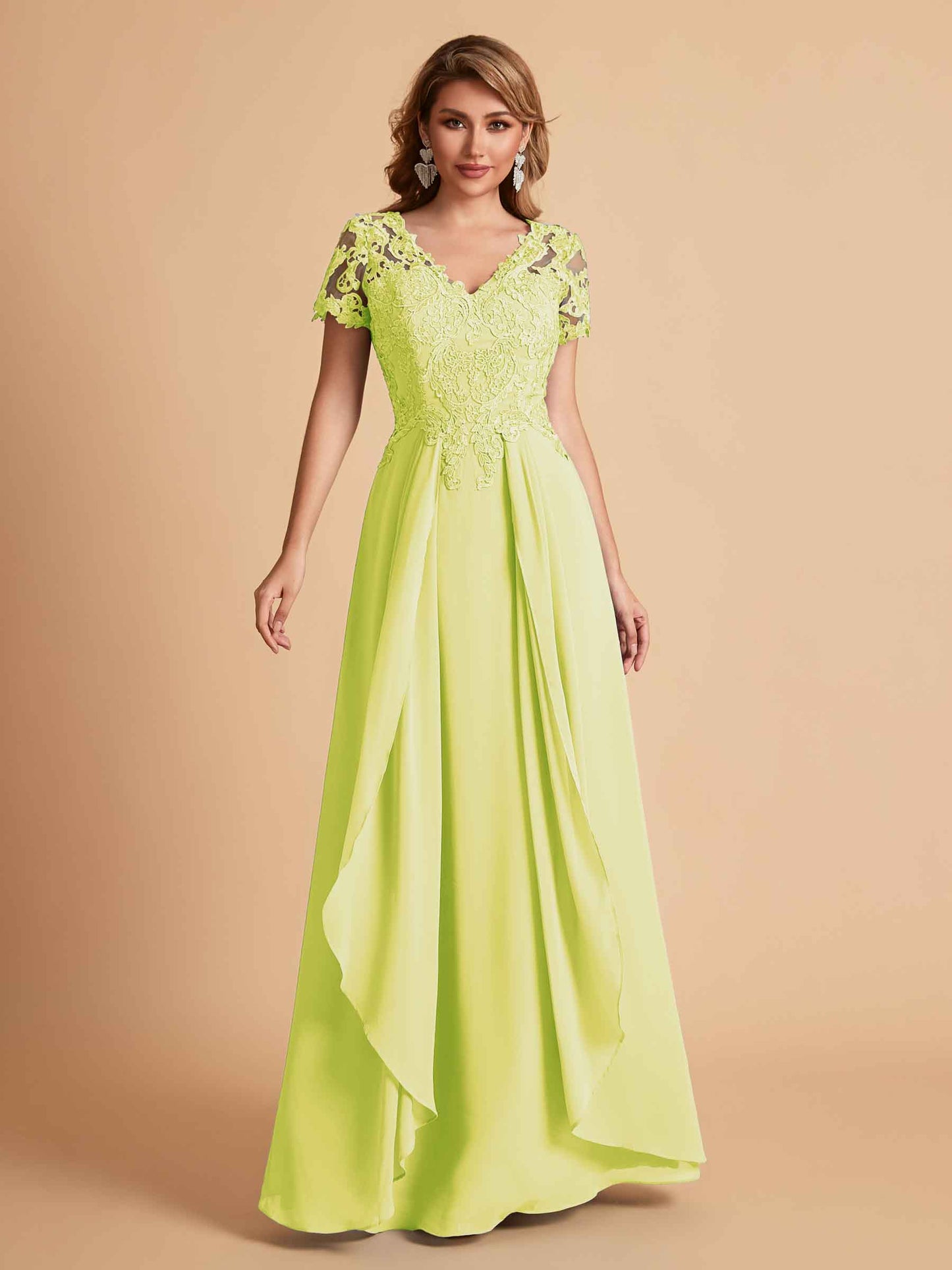 Elegant A-Line Chiffon Short Sleeves V-neck Mother of the Brides Dresses Lace Top MOB Dresses