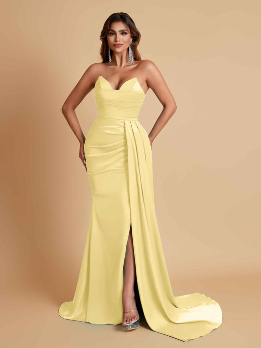 Gorgeous Strapless Soft Satin Side Slit Floor-Length Mermaid Bridesmaid Dresses