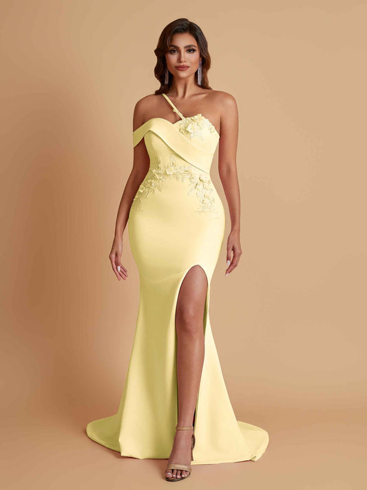 Sexy Soft Satin Mermaid One Shoulder Asymmetrical Side Slit Floor-Length Bridesmaid Dresses