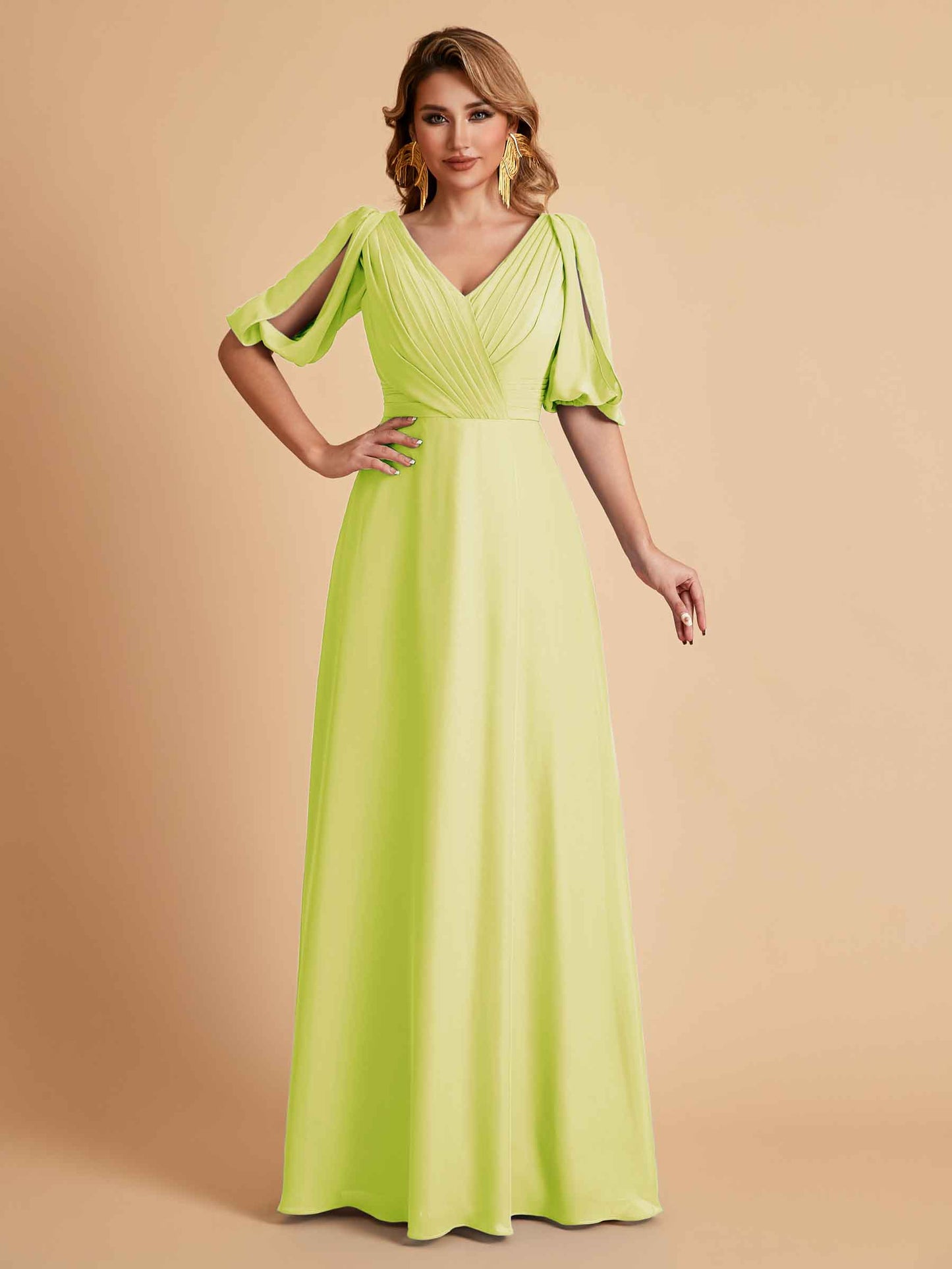 Elegant A-Line Chiffon Half Sleeves V-Neck Mother of the Brides Dresses Online