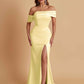 Elegant Soft Satin Mermaid Off Shoulder Asymmetrical Side Slit Floor-Length Bridesmaid Dresses