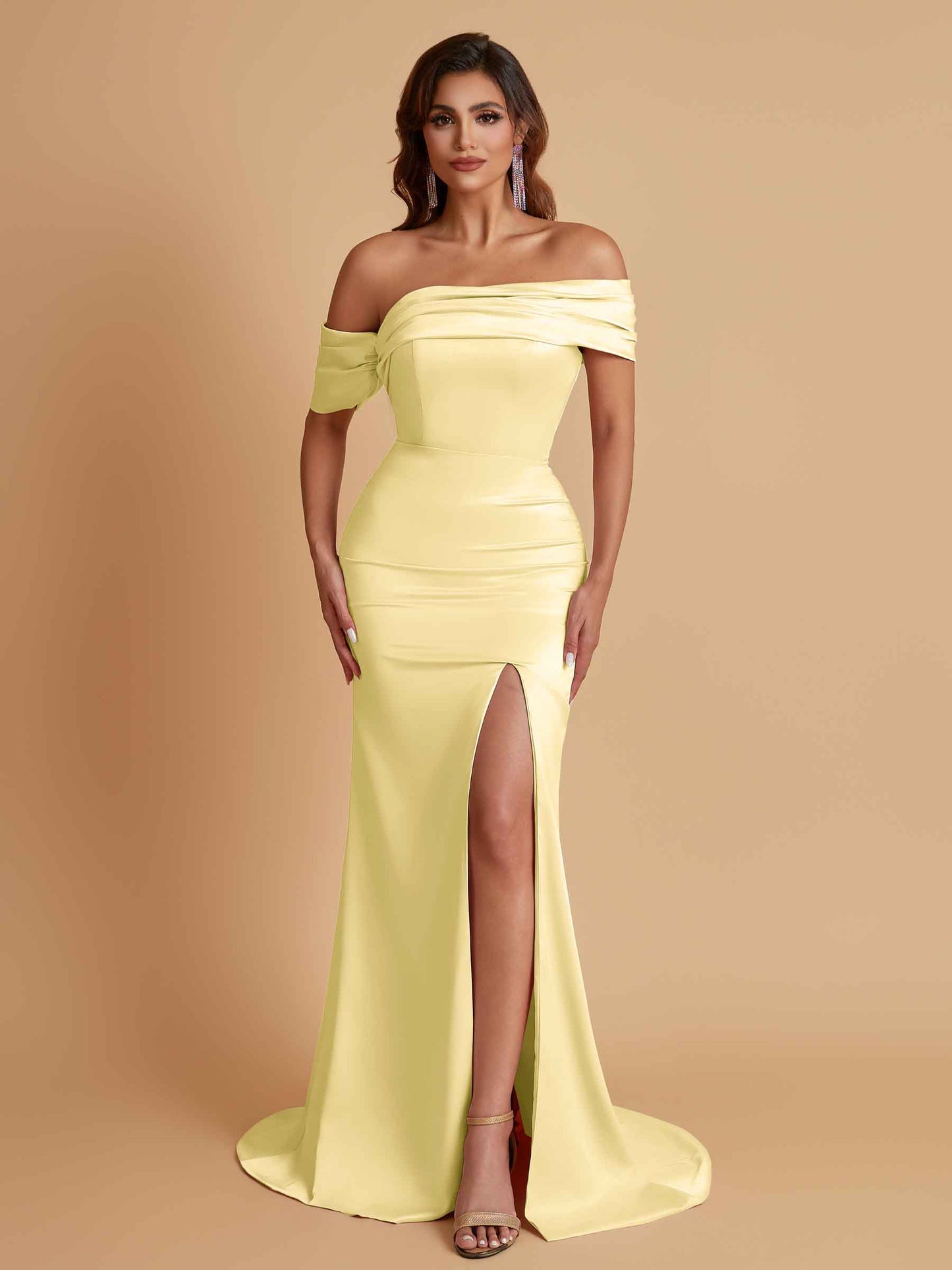 Elegant Soft Satin Mermaid Off Shoulder Asymmetrical Side Slit Floor-Length Bridesmaid Dresses