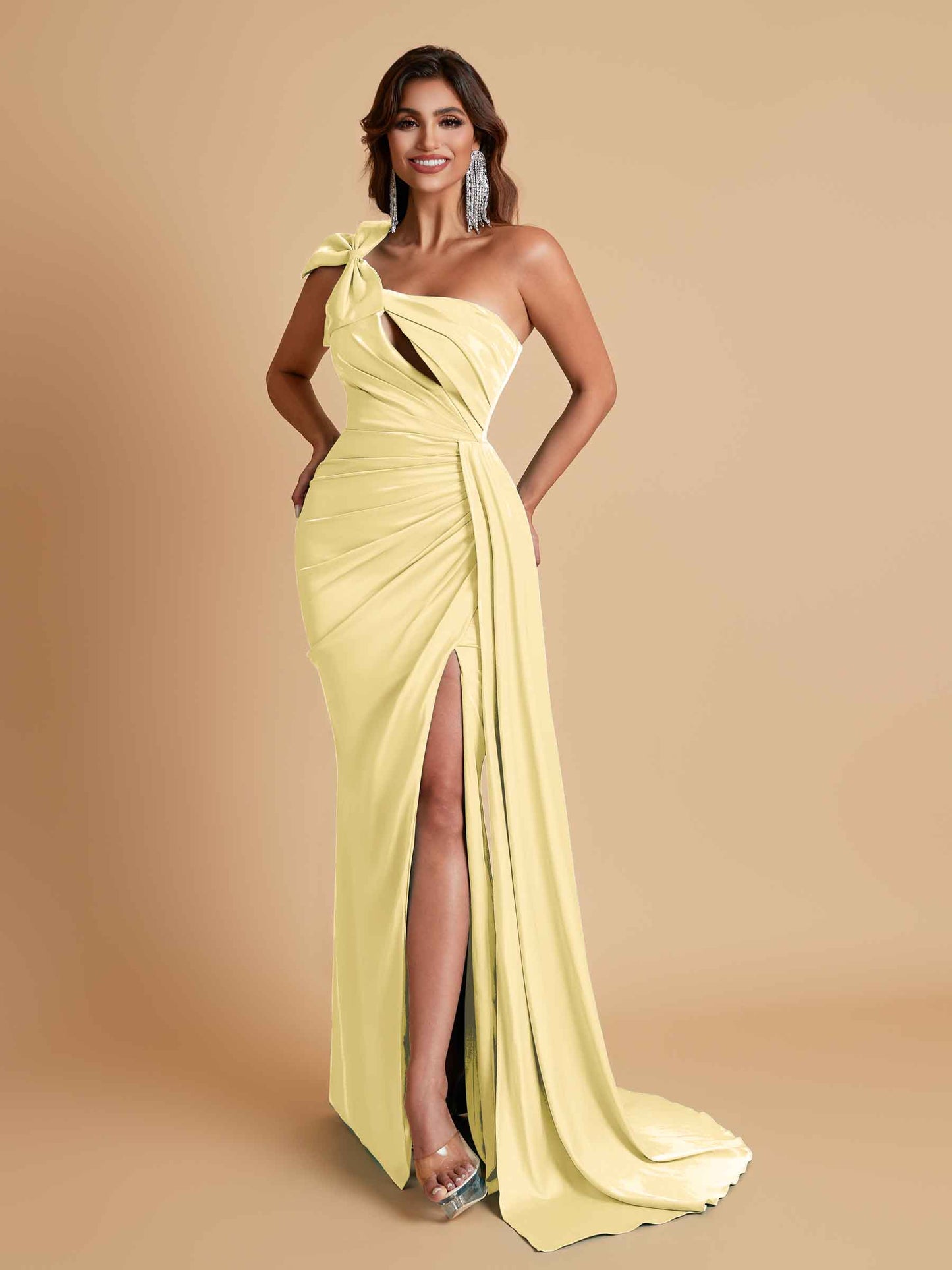 Gorgeous One Shoulder Bow Knot Soft Satin Side Slit Floor-Length Mermaid Bridesmaid Dresses