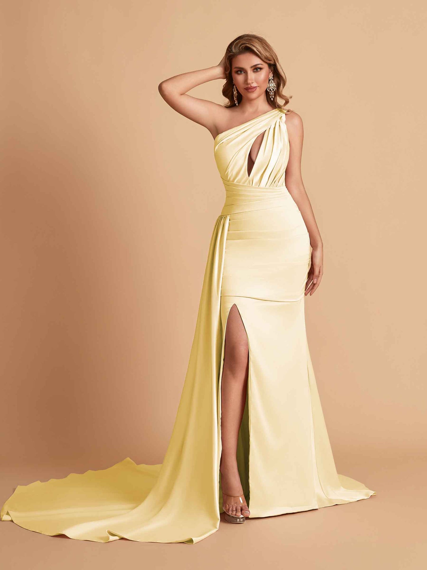 Sexy Satin Mermaid One Shoulder Side Slit Long Bridesmaid Dresses