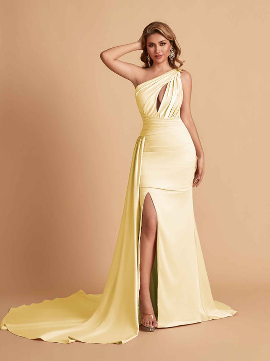 Sexy Satin Mermaid One Shoulder Side Slit Long Bridesmaid Dresses