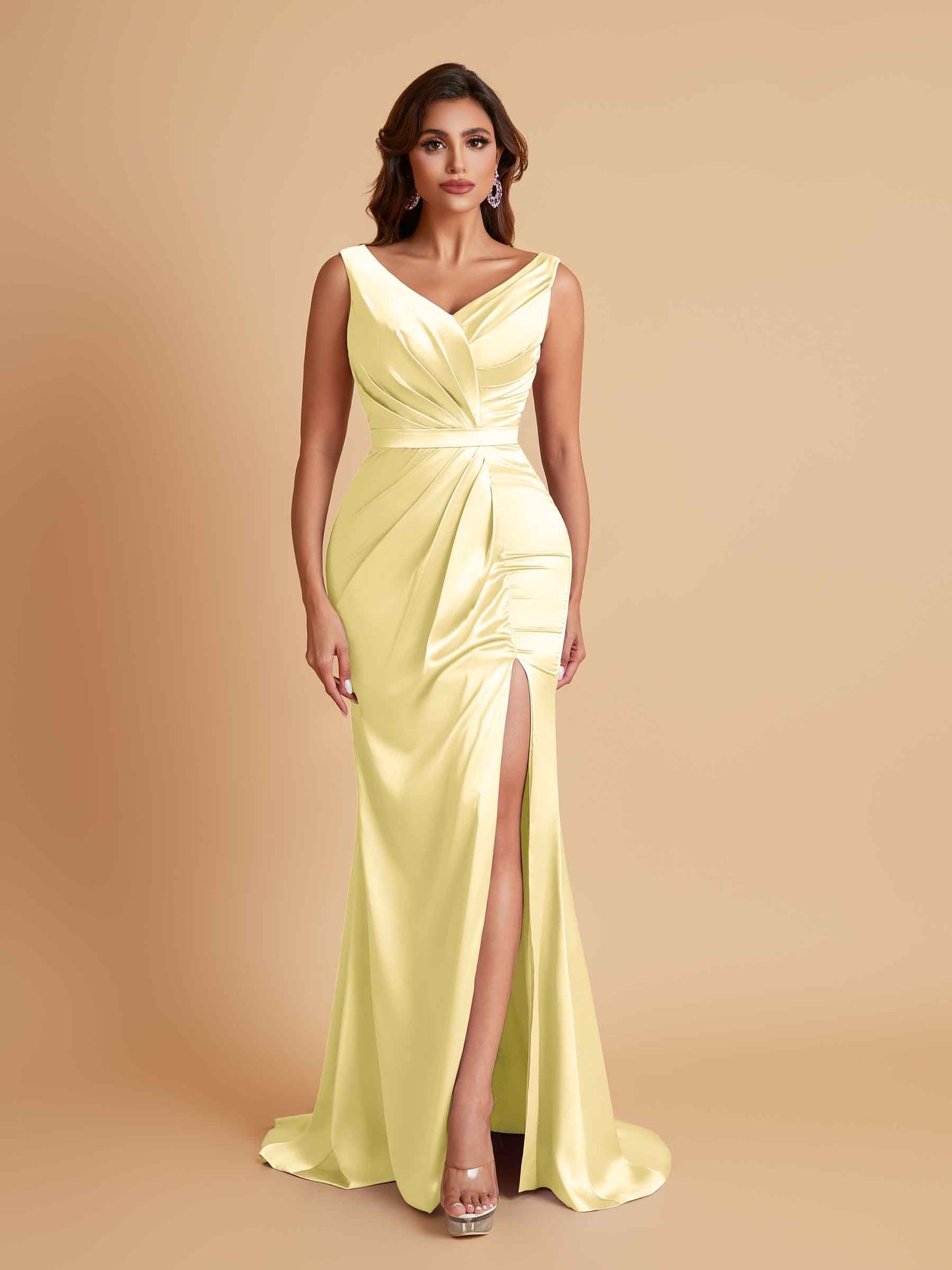Elegant V Neck Soft Satin Side Slit Floor-Length Mermaid Bridesmaid Dresses