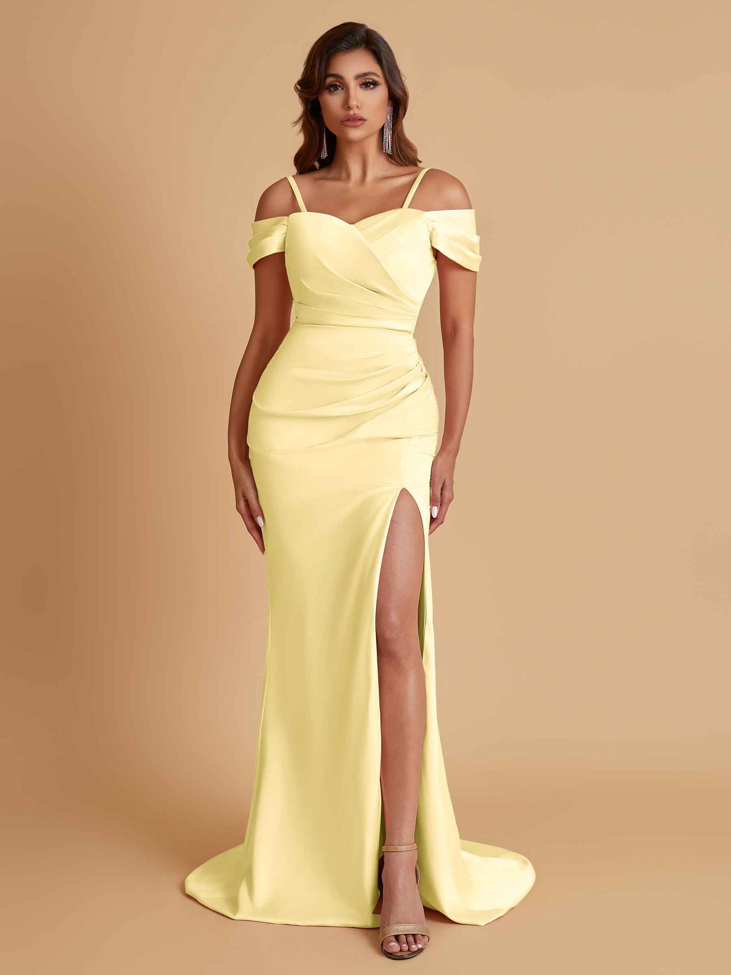 Sexy Soft Satin Mermaid Cold Shoulder Side Slit Floor-Length Bridesmaid Dresses Online