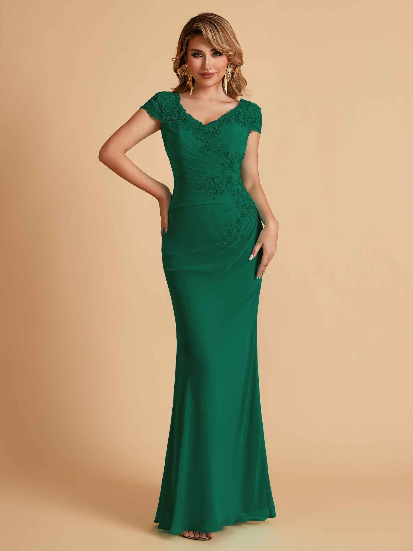 Elegant Mermaid Chiffon Cap Sleeves V-Neck Mother of the Brides Dresses Online