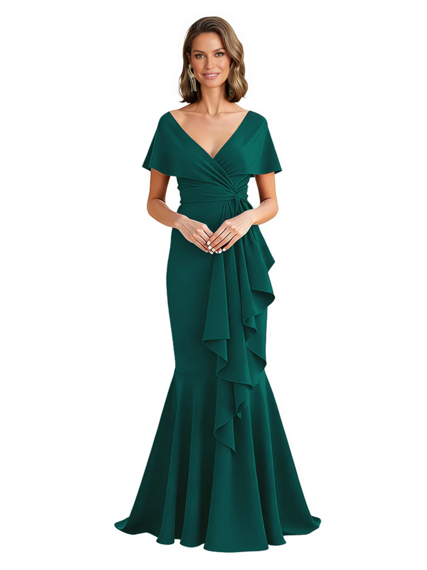 Satin Mother of the Bride Dress with Cascading Ruffles and Mermaid Tail V-Neck