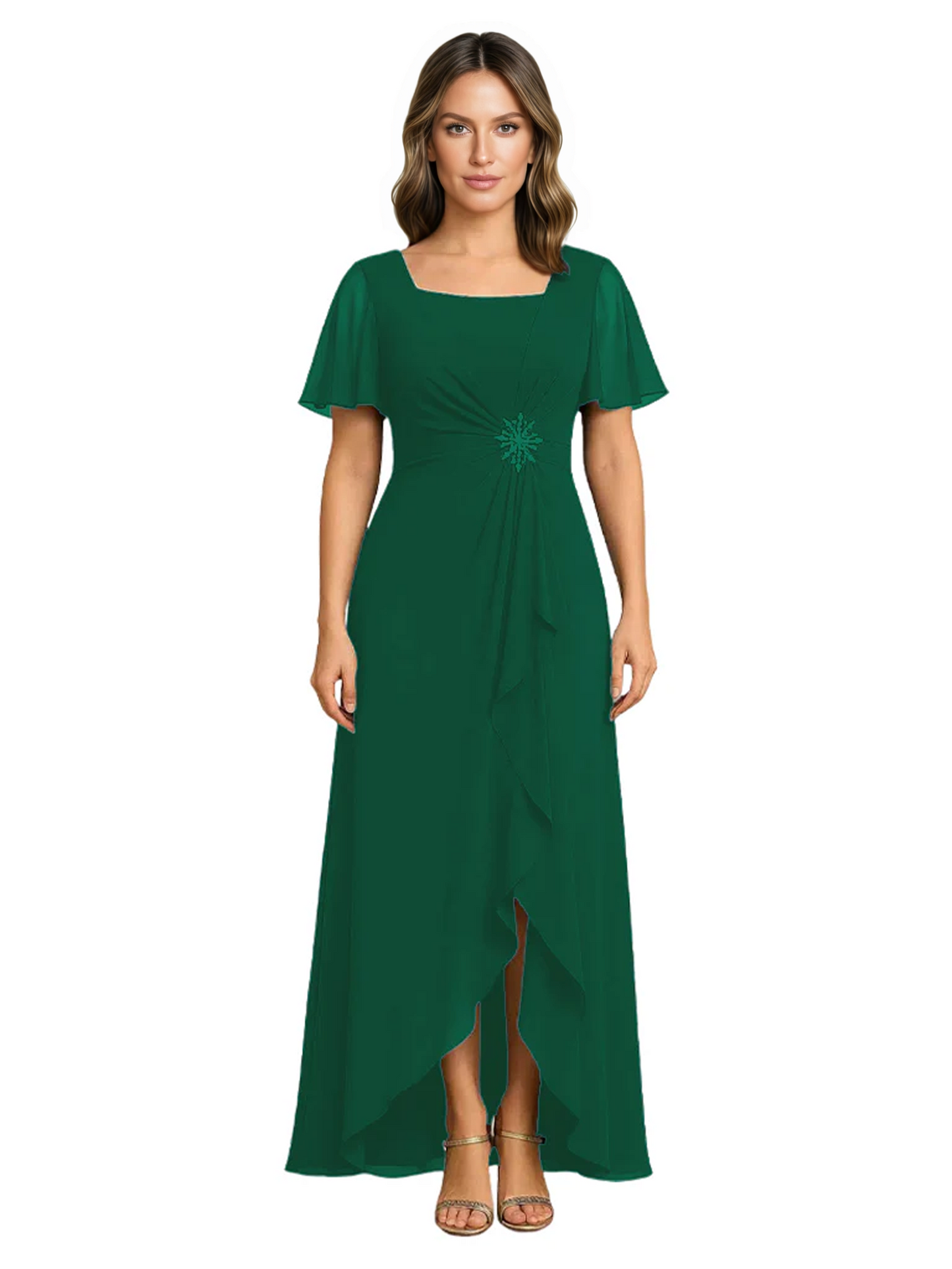 Formal High-Low Mother of the Bride Gown Sleeved Chiffon Maxi Dress Ruched Waist