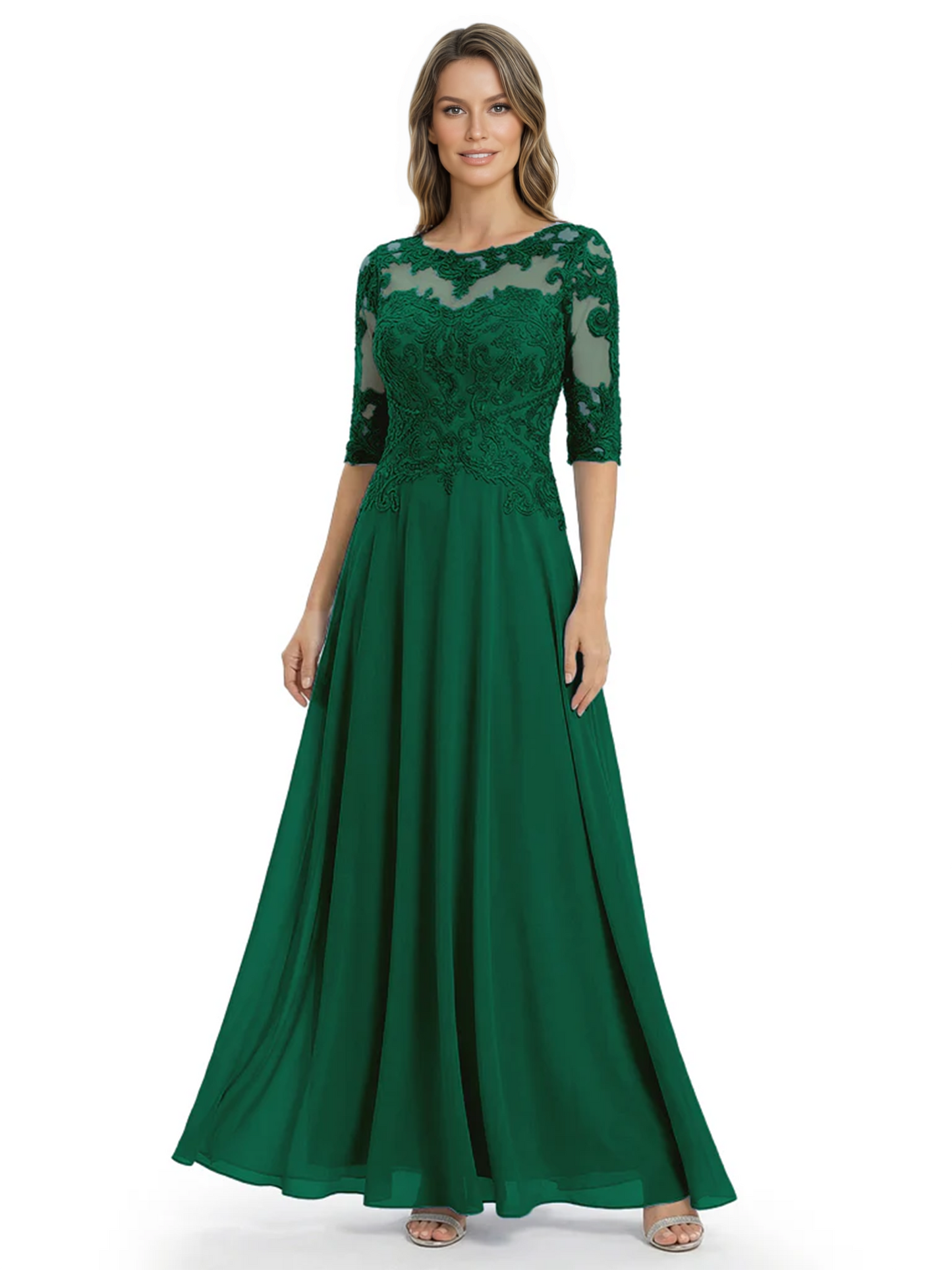 Illusion Neck Mother of the Bride Dress Half Sleeve Lace Applique Gowns Chiffon