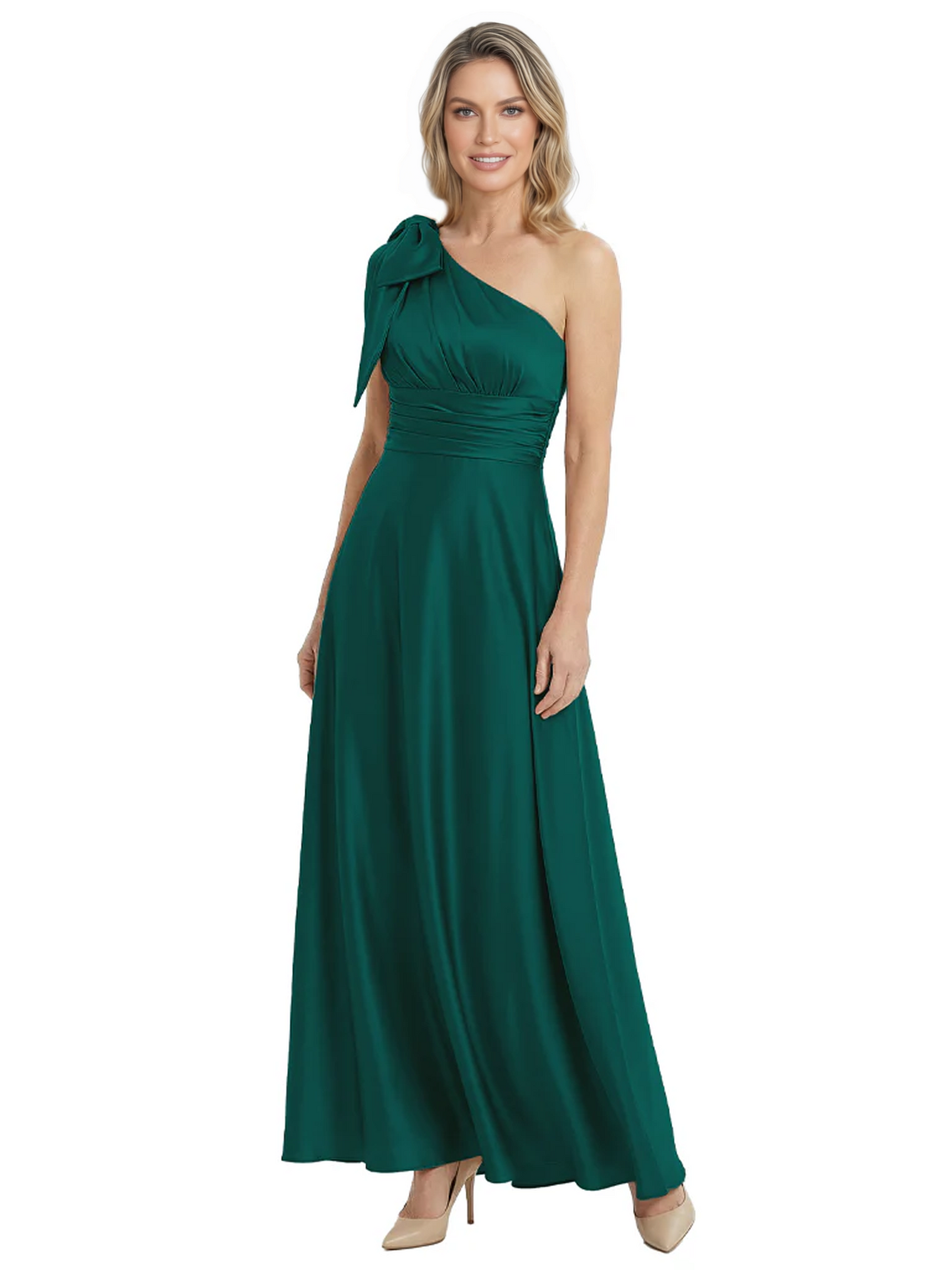 One-Shoulder Mother of the Bride Dress Satin Gown with Bow Ruched Empire Waist