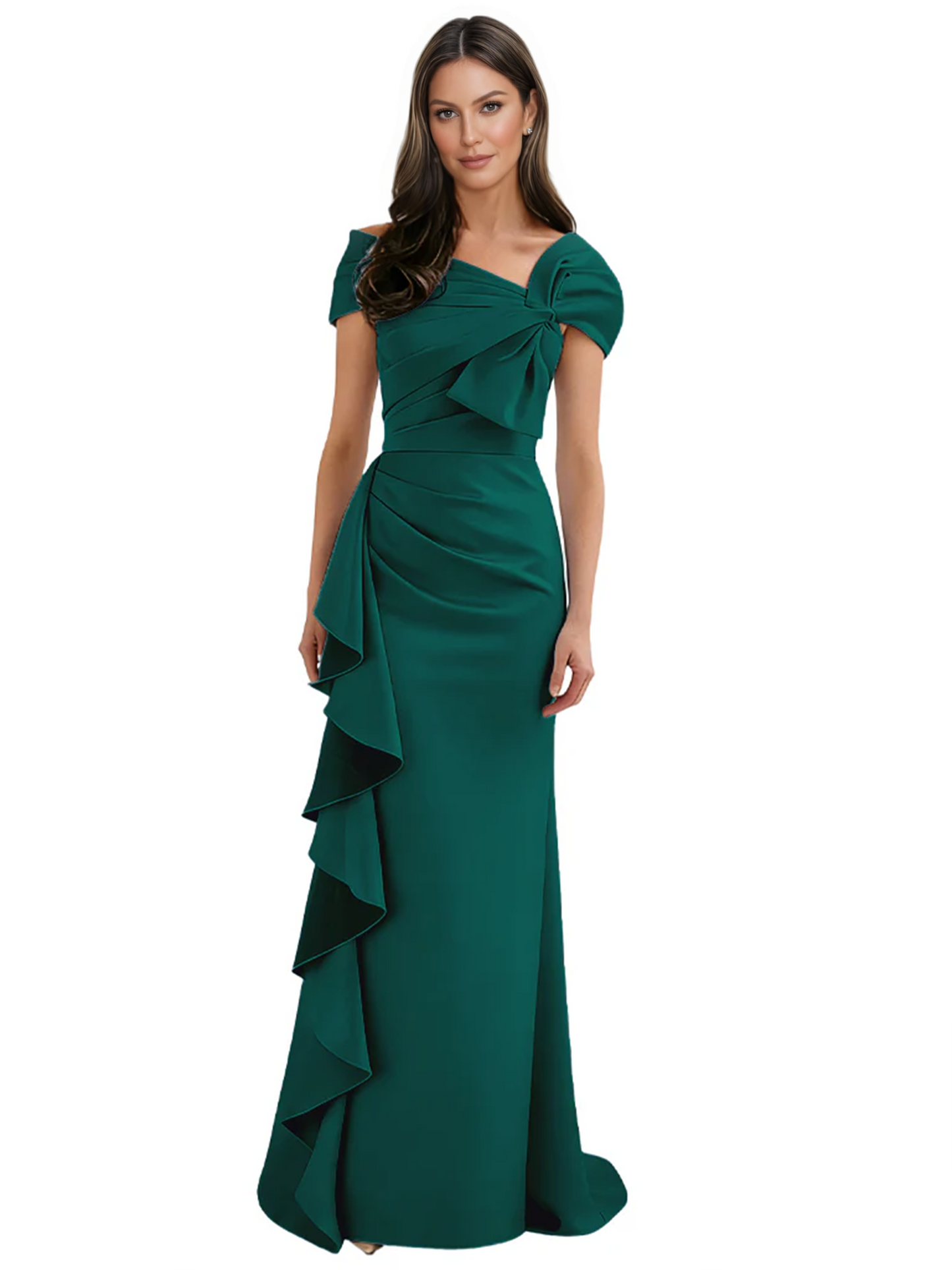 Elegant Mother of Bride Dress Formal Gowns Mermaid Ruffle Floor Length Asymmetric Neckline