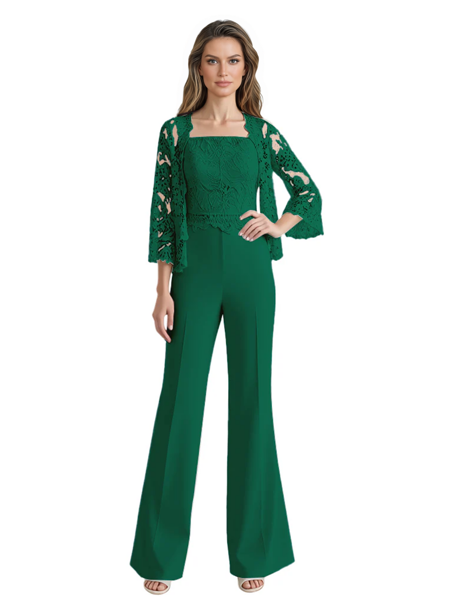 Mother of the Bride Jumpsuit with Lace Jacket 3/4 Sleeve Formal Pant Suit