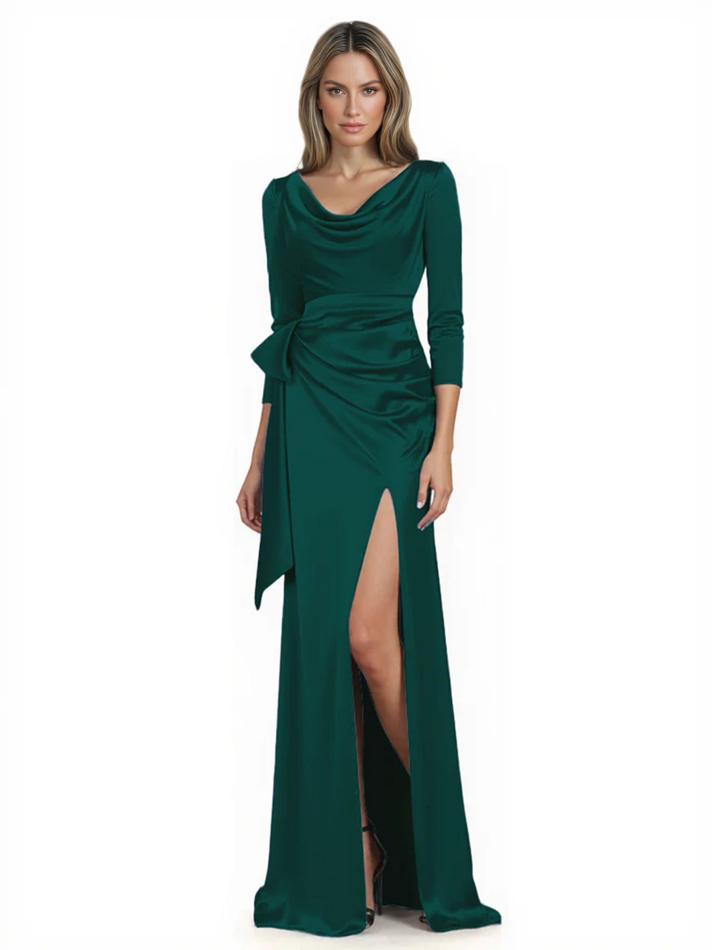 Elegant Evening Gowns Slit Trending Styles Satin Slit Formal Dress Cowl Neckline Gown Tie