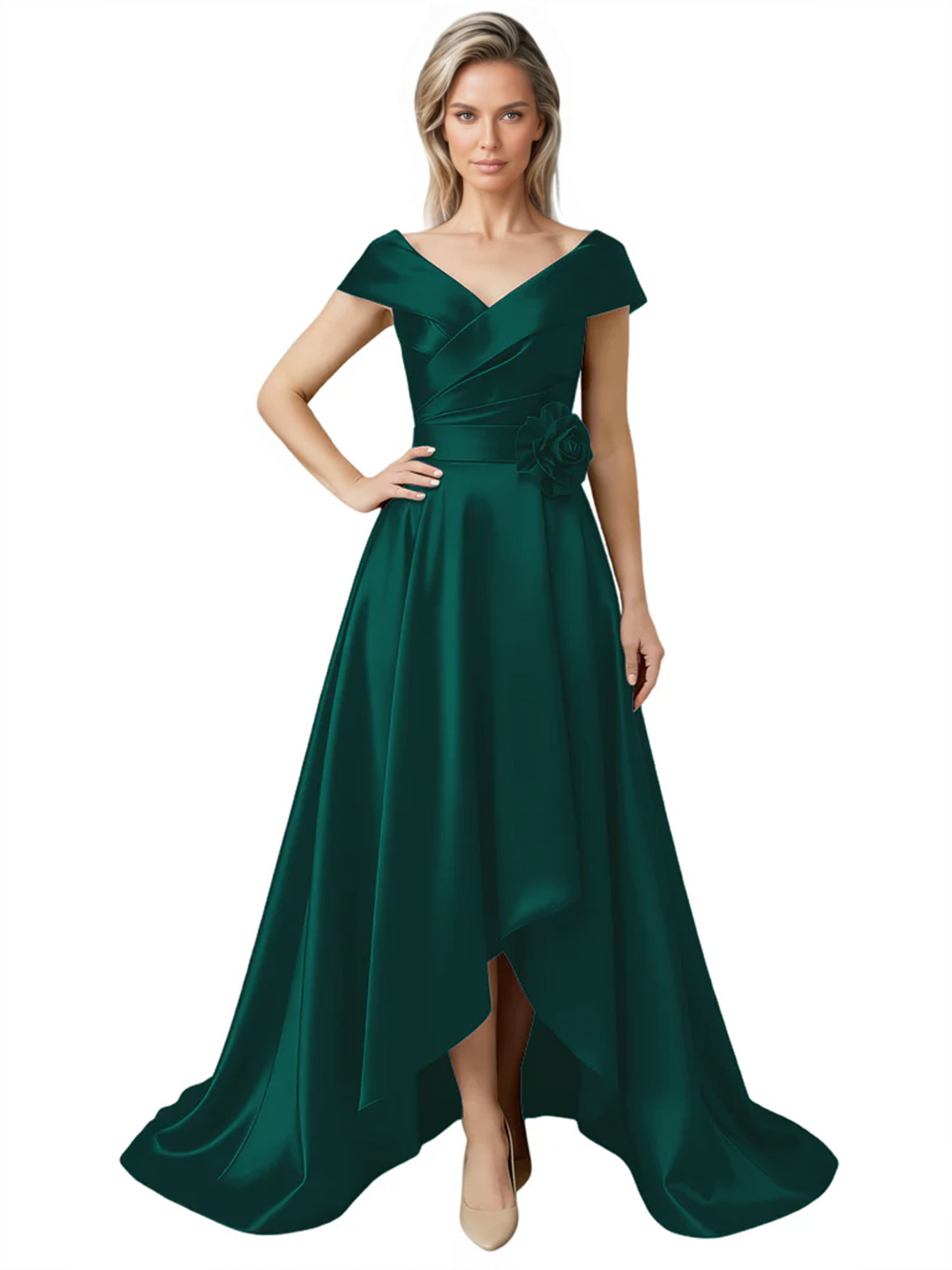 Off Shoulder Mother of the Bride Dress High-Low Satin Gown with Portrait Neckline