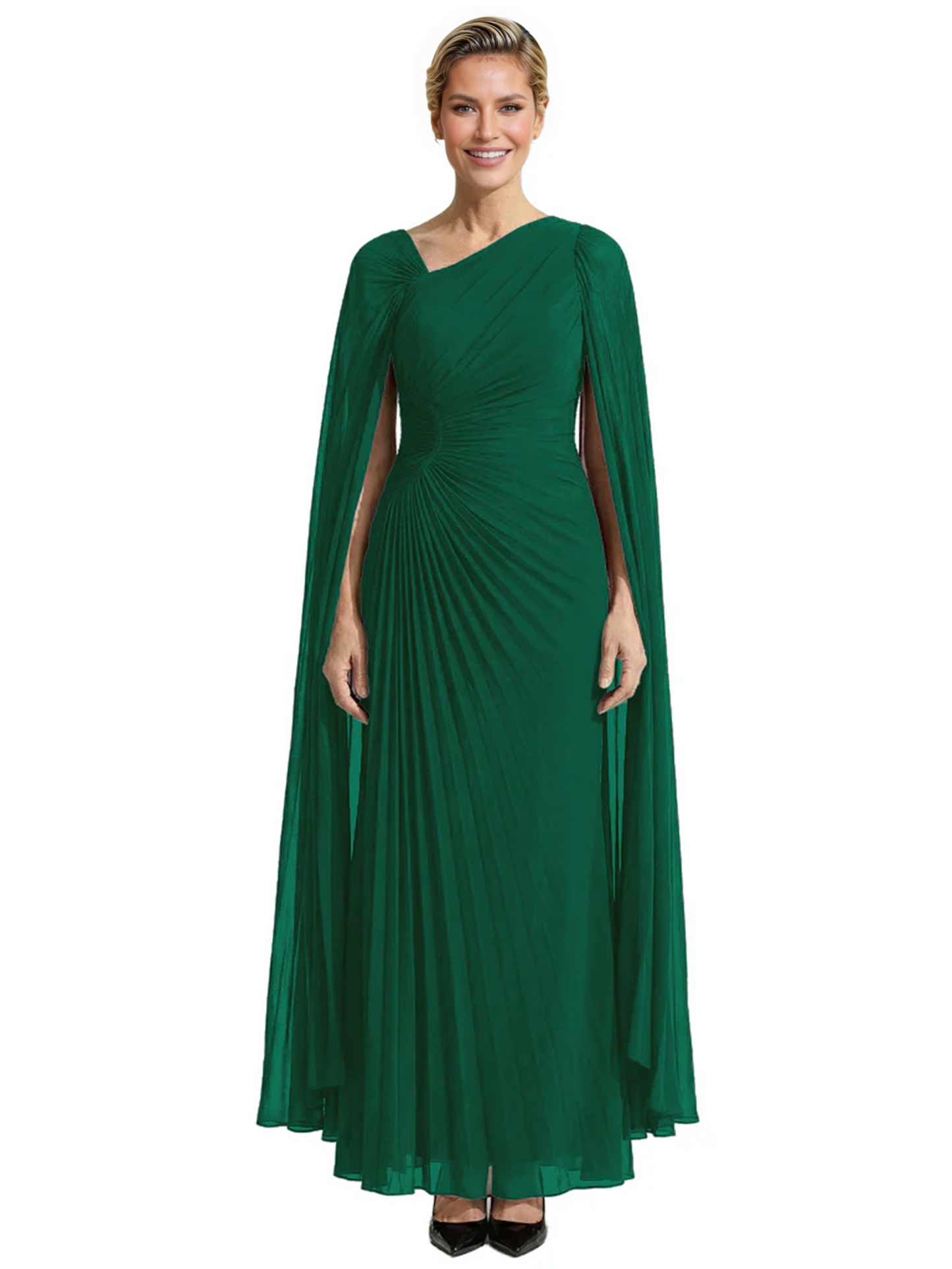 Elegant Asymmetric Neck Long A-Line Chiffon Mother of the Brides Dresses Mom Outfit with Cape