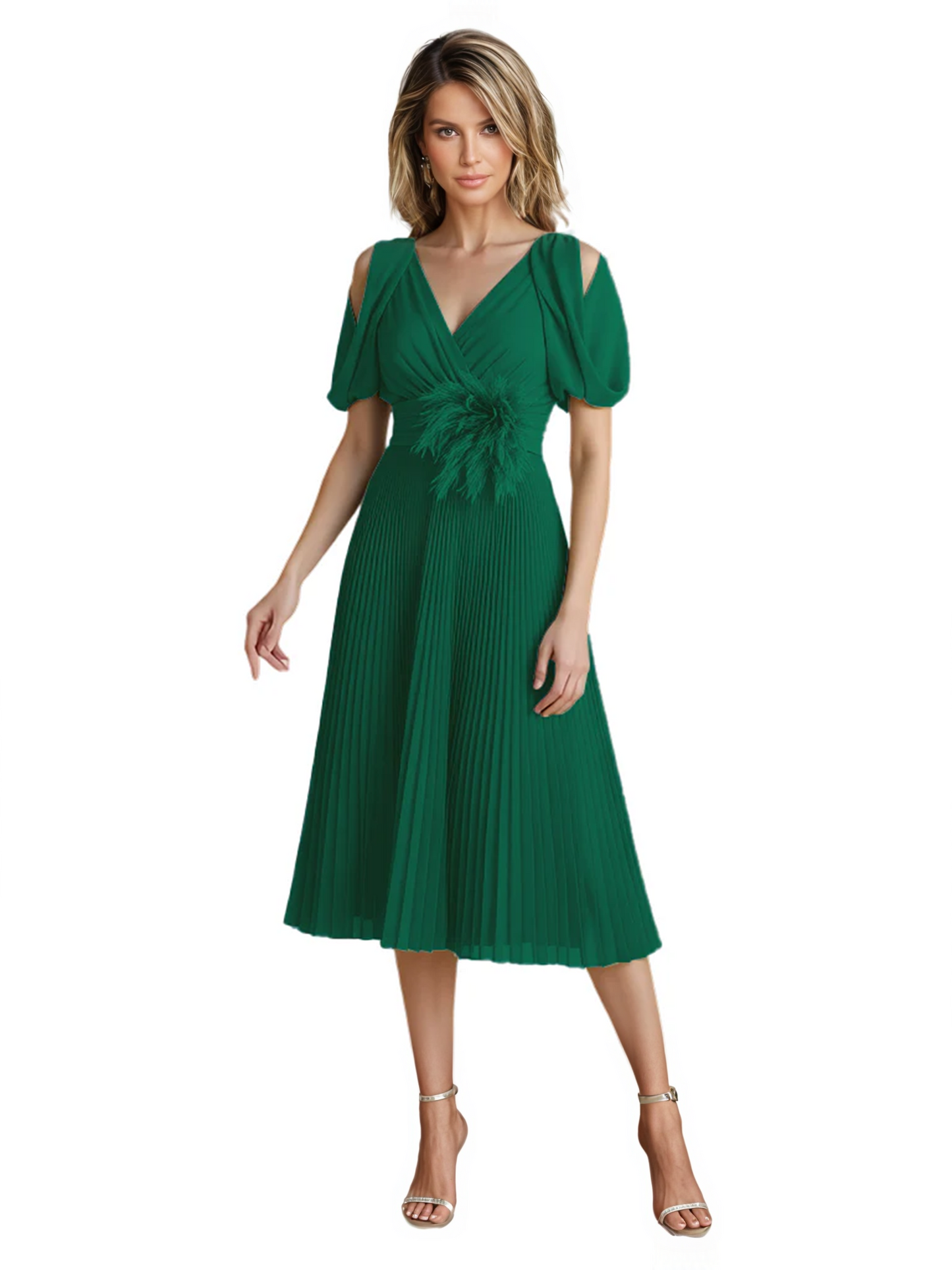 Wedding Formal Dress V-Neck Pleated Chiffon Gown with 3D Flower Accent Knee Length