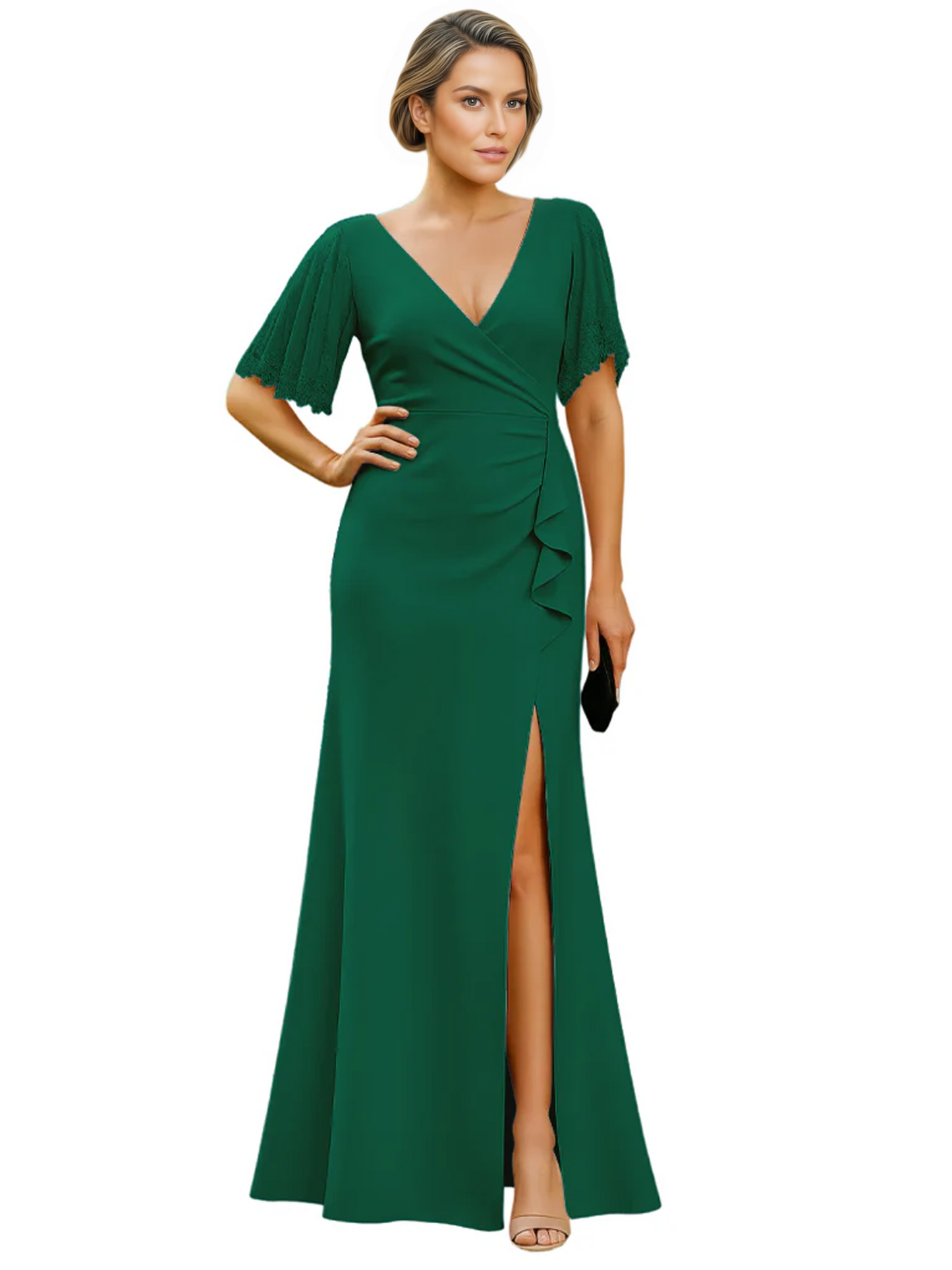Elegant Evening Gown Trending V-Neck & Ruffle Detail Mother of Bride Outfits Slit
