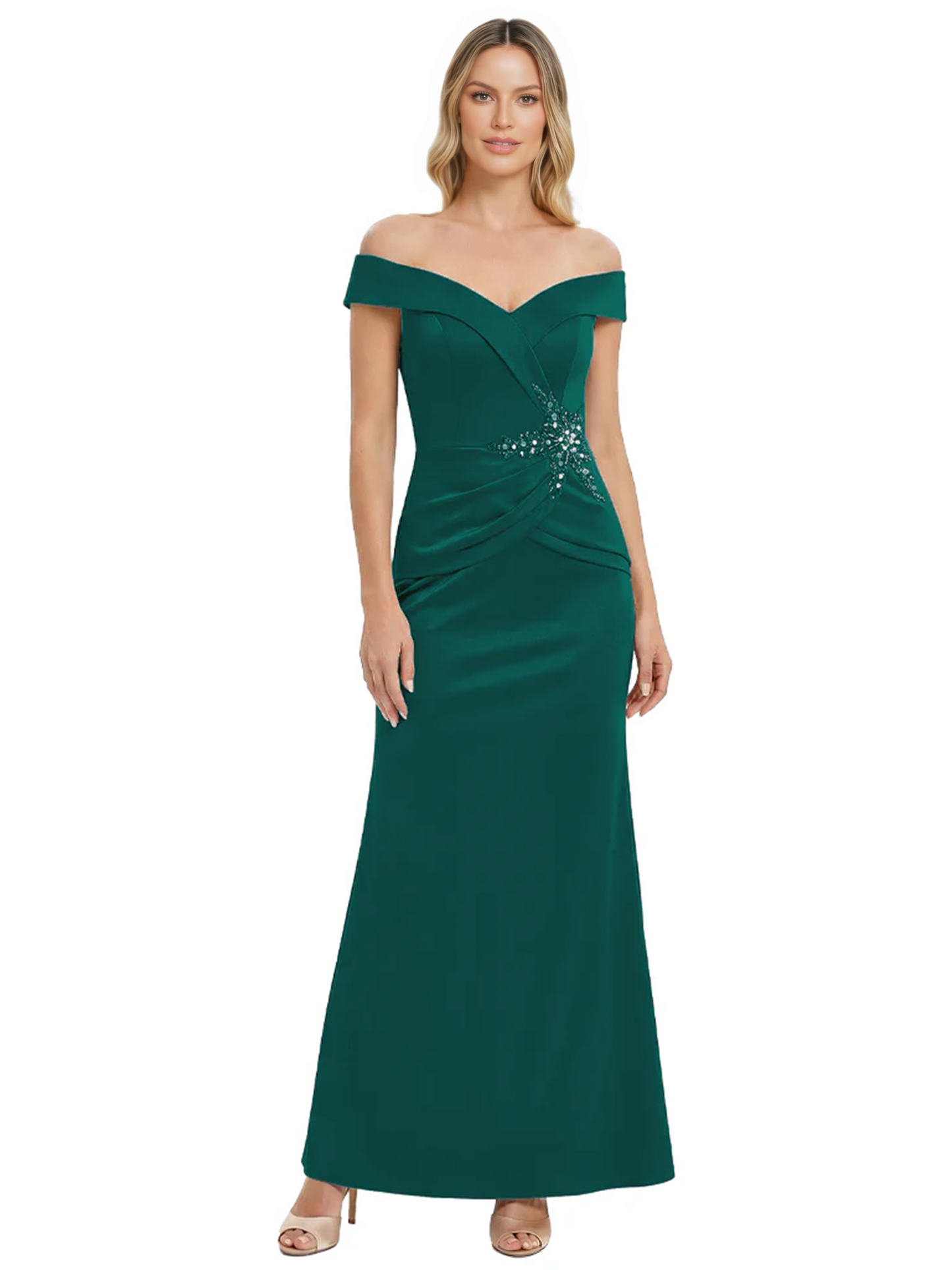 Off Shoulder Mother of the Bride Dress Beaded Waist Satin Gown Portrait Neckline
