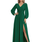 A-Line Mother of Bride Dress V-Neck Chiffon Gown Long Sleeves Slit Formal Dress
