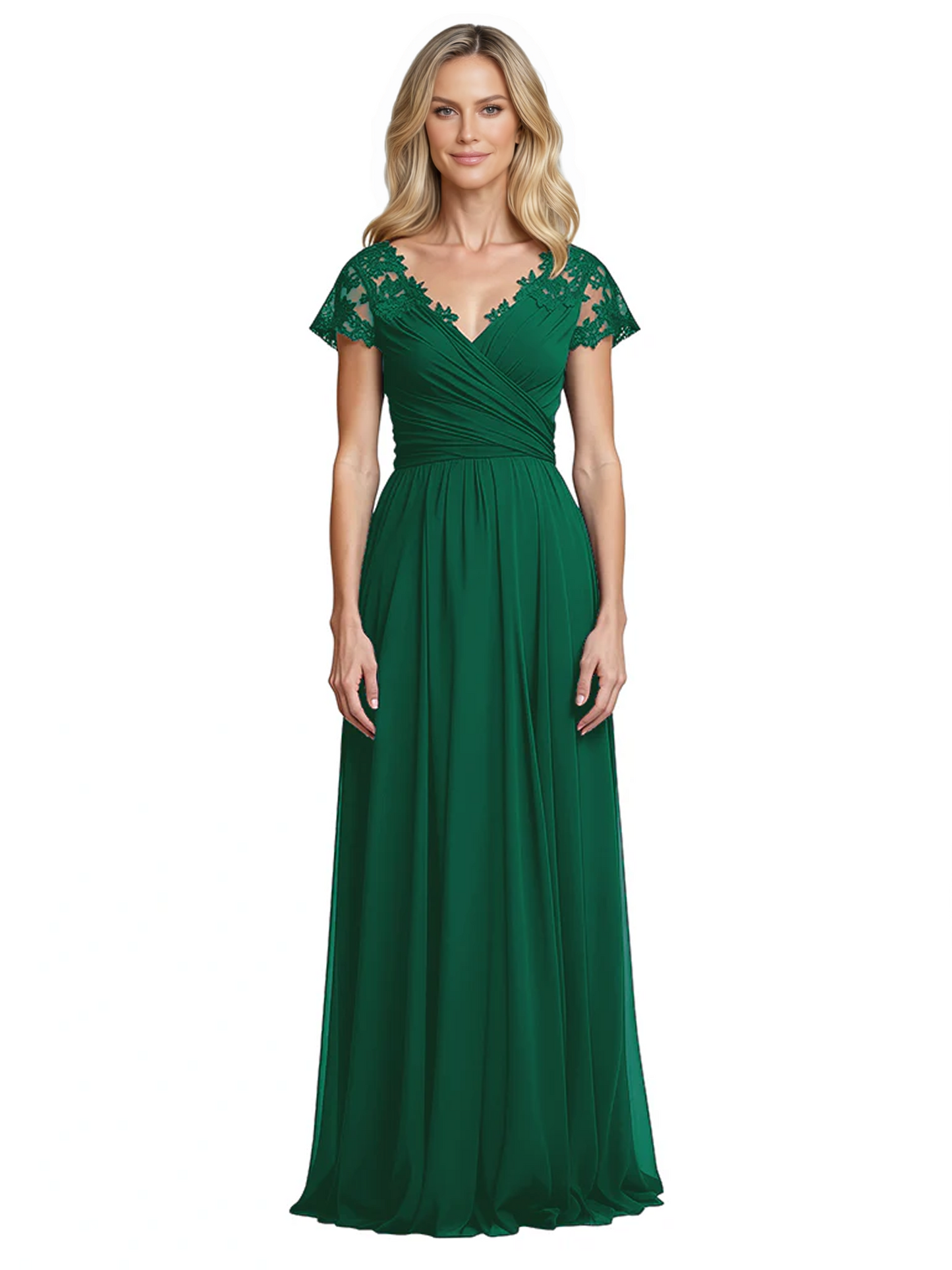 Mother of the Bride Dress Cap Sleeves and V-Neckline with Embroidered Lace Shoulders