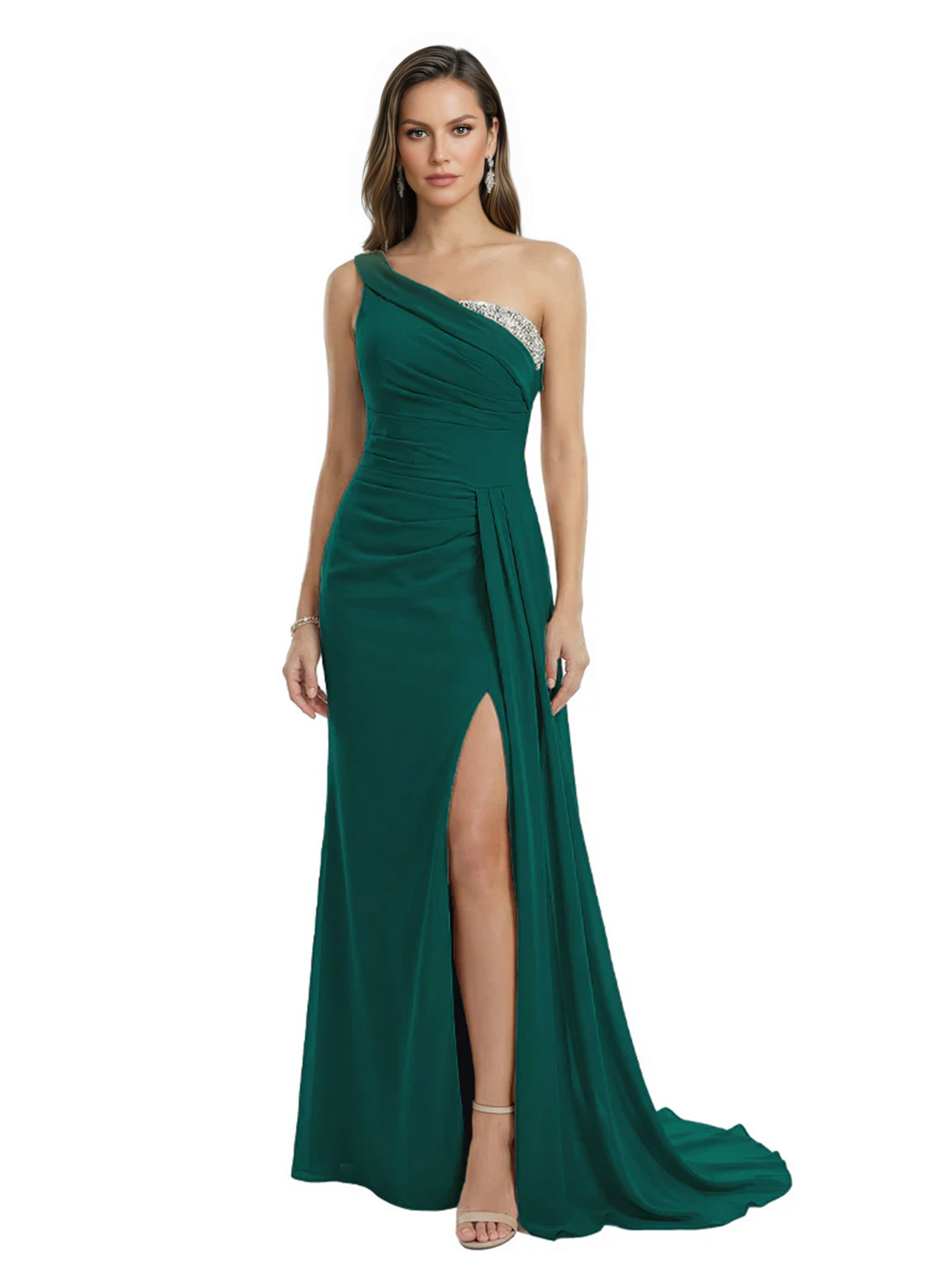 One Shoulder Mother of Bride Dress Ruffle Formal Gowns Mermaid Floor Length Train Slit