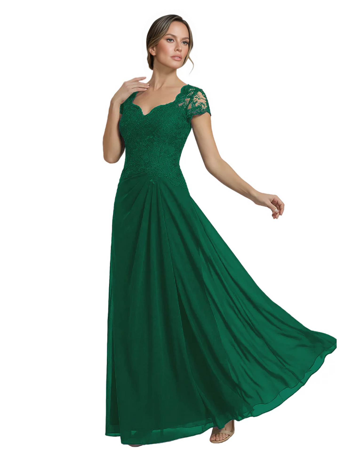 Long A-line Chiffon Short Sleeves Mother of the Brides Dresses Lace Wedding