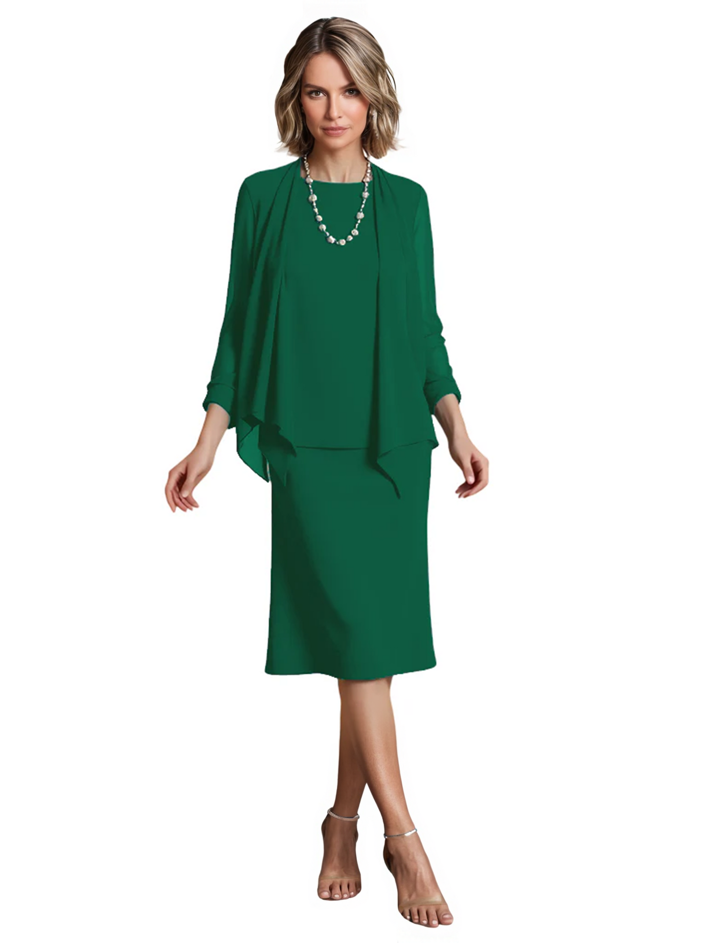 3 PCS Knee-Length Mother of Bride Dresses Prom Dress Evening Dress with Sheer Sleeves and Jacket
