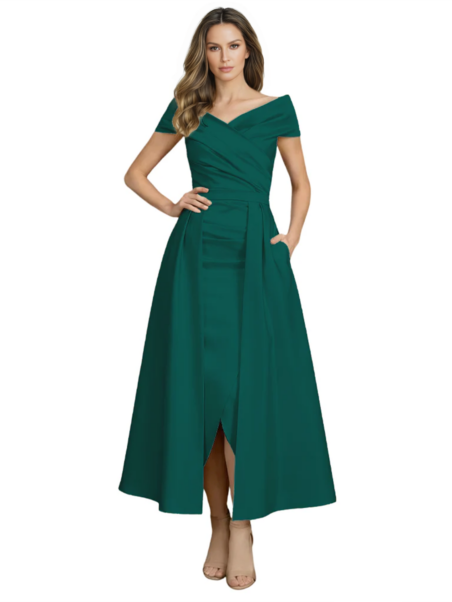 Formal Floor-Length Mother of the Bride Gown Satin Maxi Dress with Slit Off Shoulder