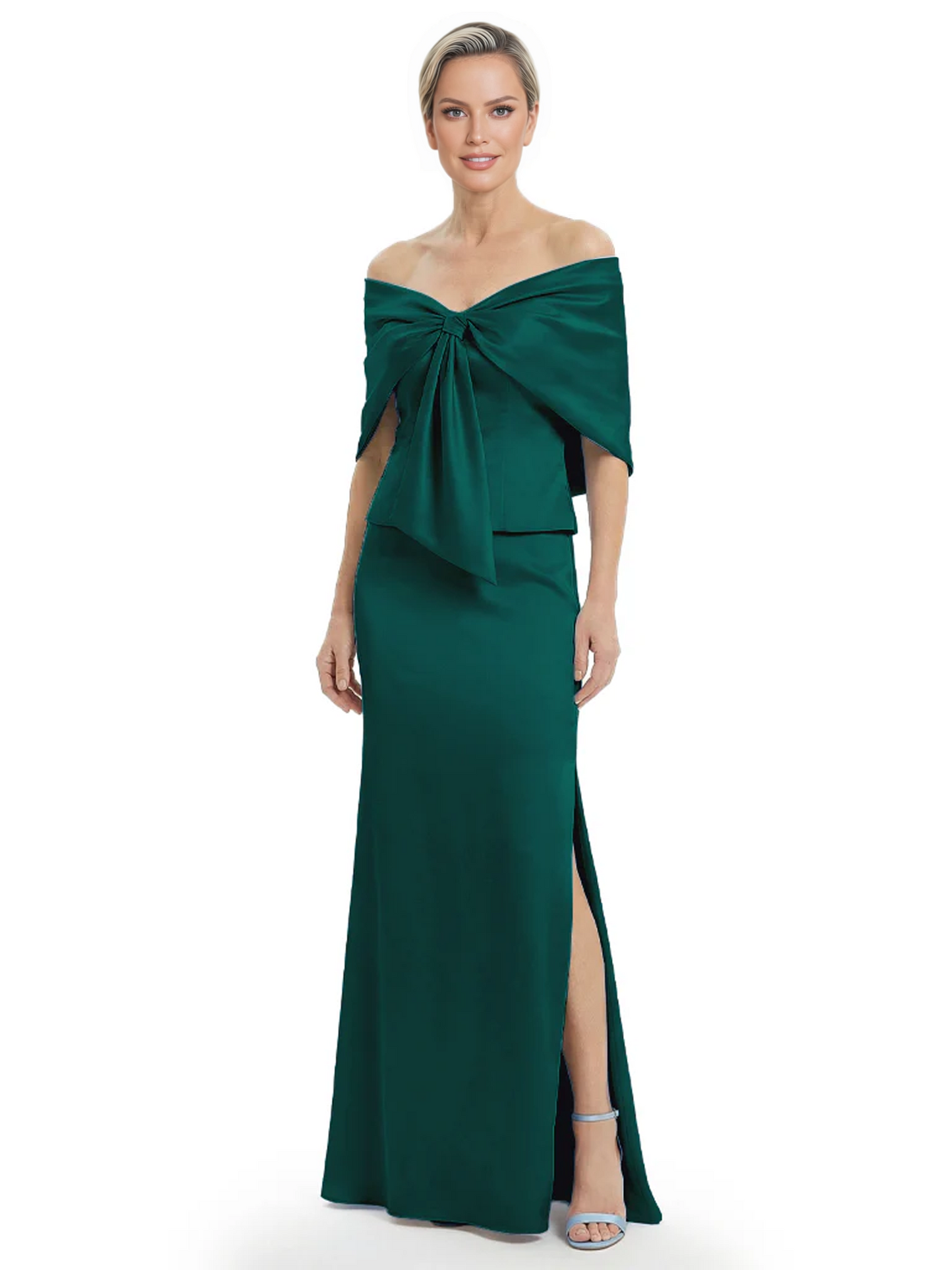 Formal Floor-Length Mother of the Bride Gown Satin Maxi Dress with Bow Neckline